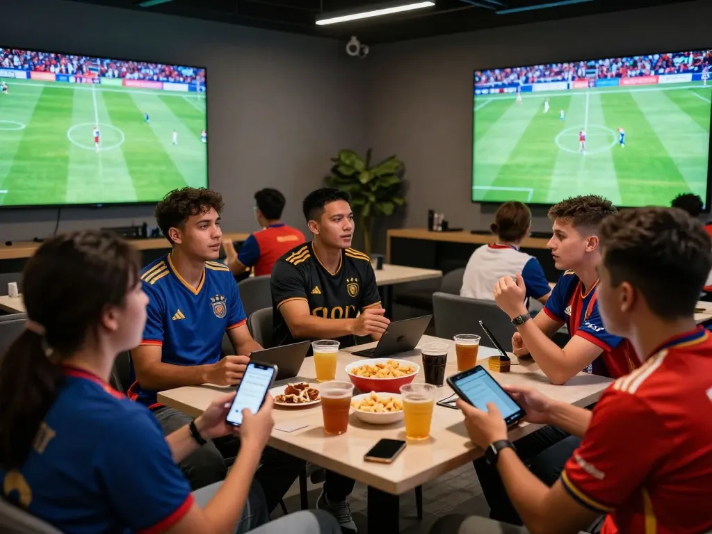 Okwintv fans enjoying live football matches in a vibrant lounge setting