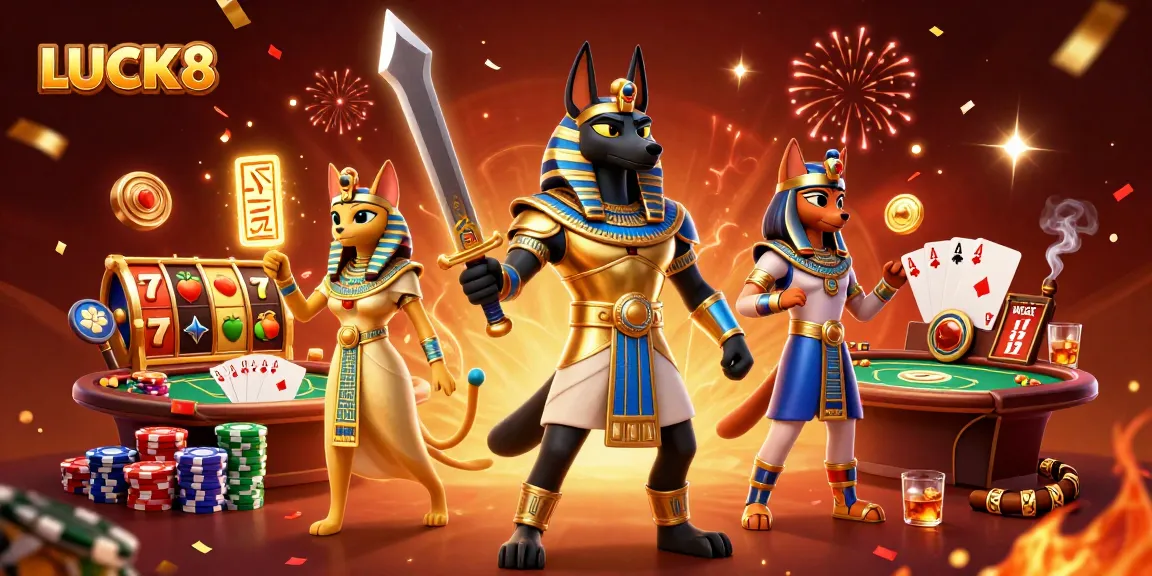 LUCK8 features Anubis and Bastet amidst slot reels, poker chips, and golden confetti for a vibrant casino scene.