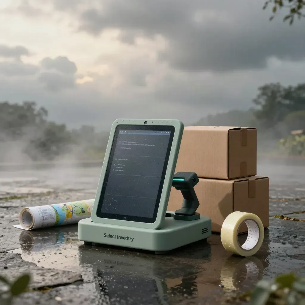 Slate inventory kiosk with cartons, stock tube and tape on wet stone at dawn