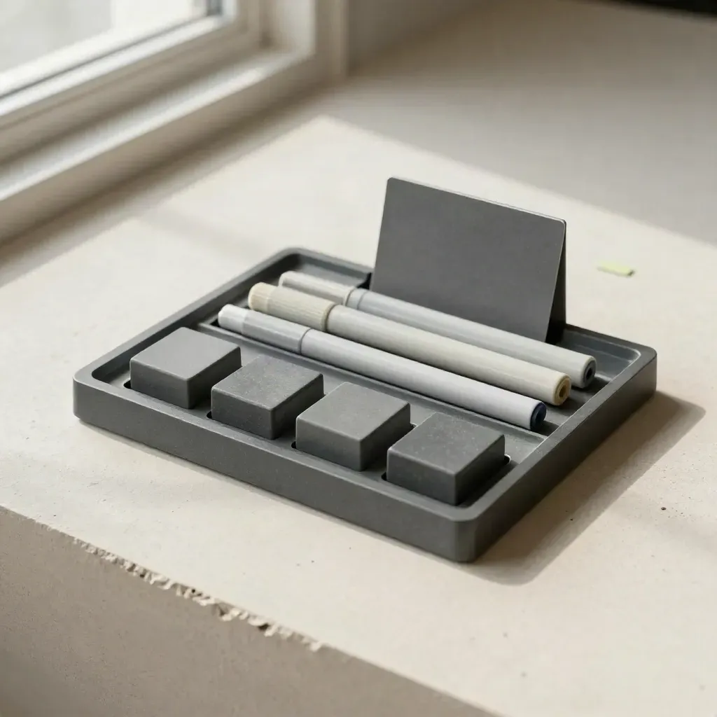 Overhead planner tray with magnetic blocks and ceramic markers on warm plaster
