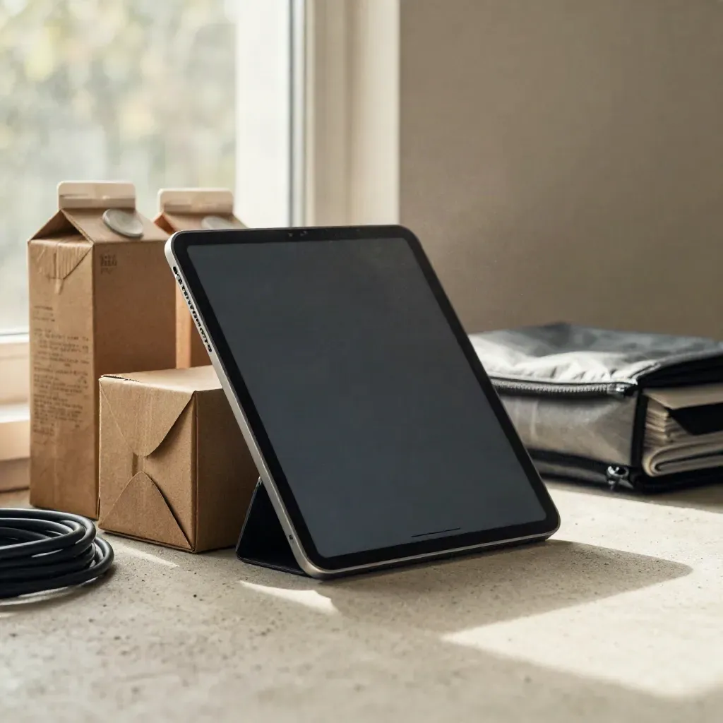Tablet beside cartons, thermal pouch and cable on concrete in dramatic window light.