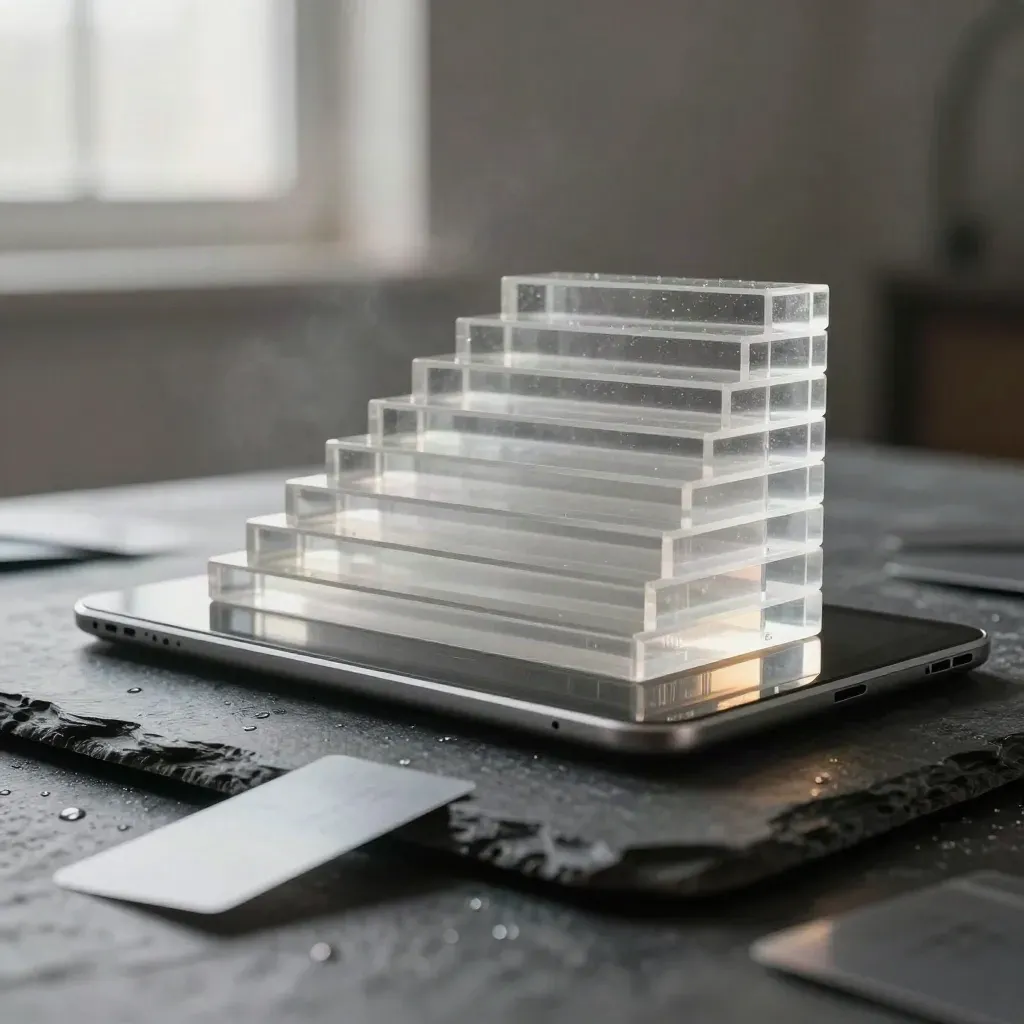 Translucent acrylic forecast blocks hover over wet slate with drifting paper cards.