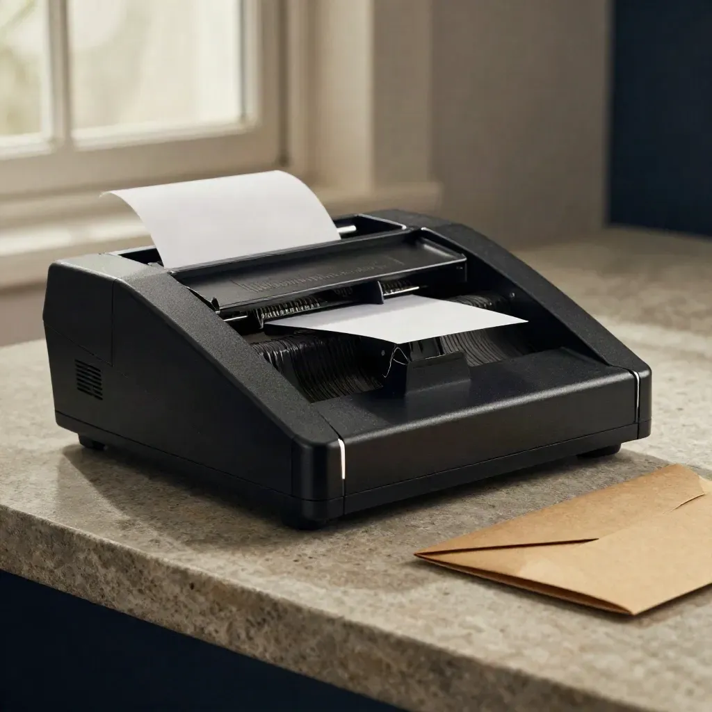 Black order console with trays, receipt roll and kraft envelope sliding on stone