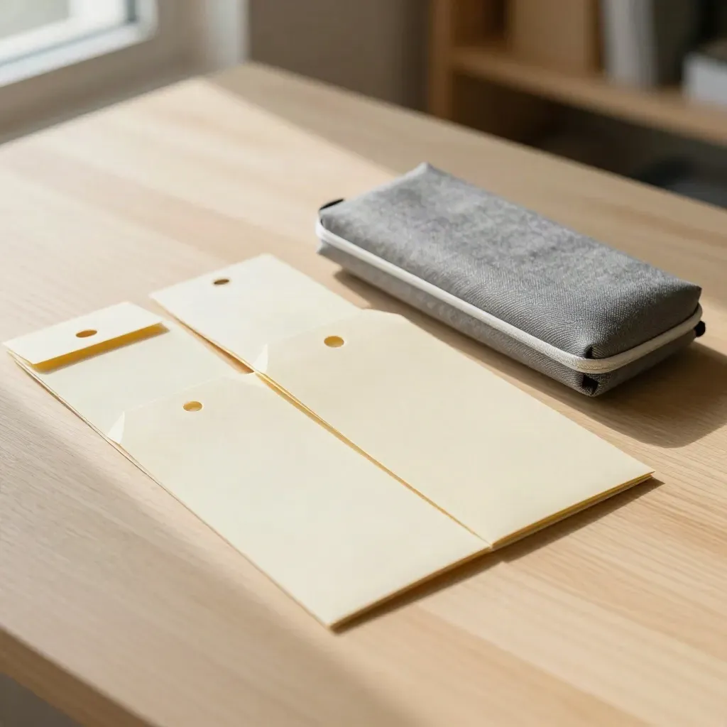 Store refill kit with folded sleeves, blank shelf tags and carry case on pale wood, top-down flatlay.