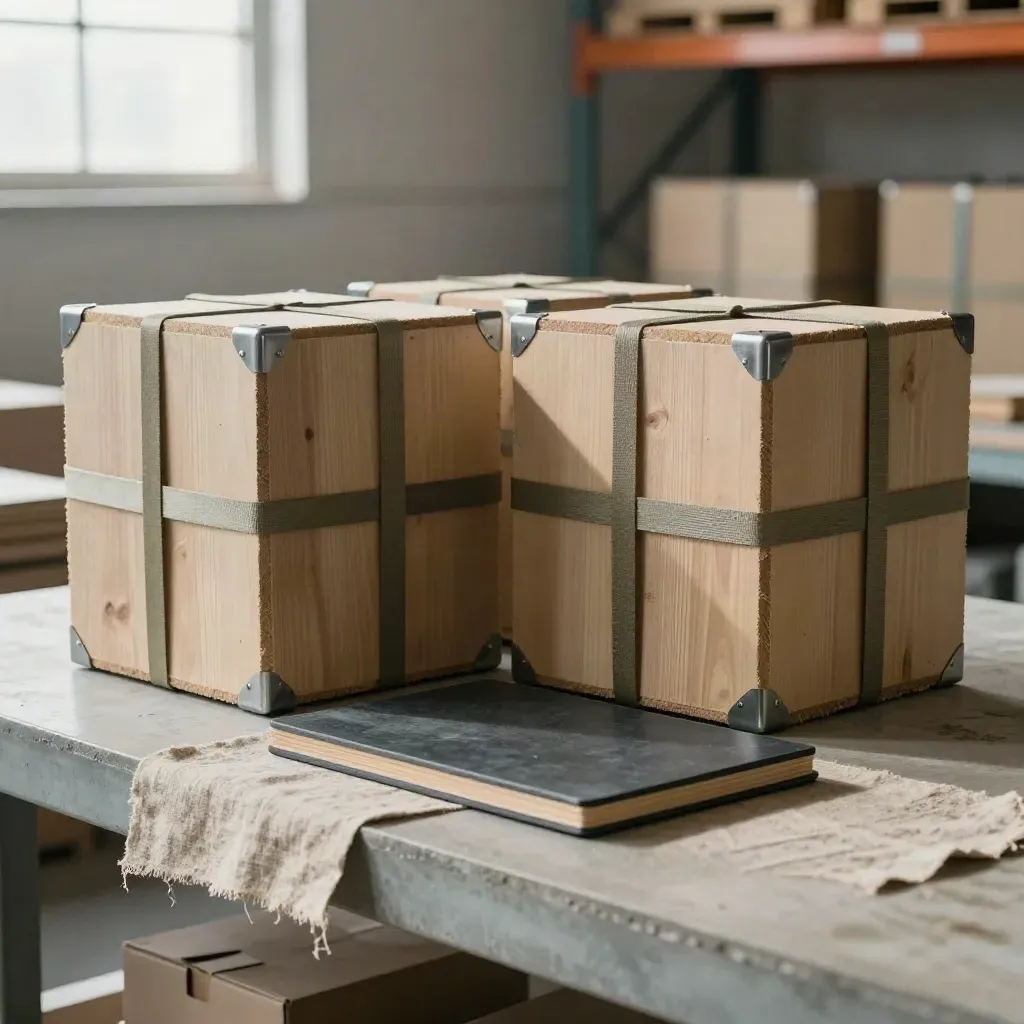 Crate modules, delivery bands and a planning slate on a linen runner in soft warehouse light.