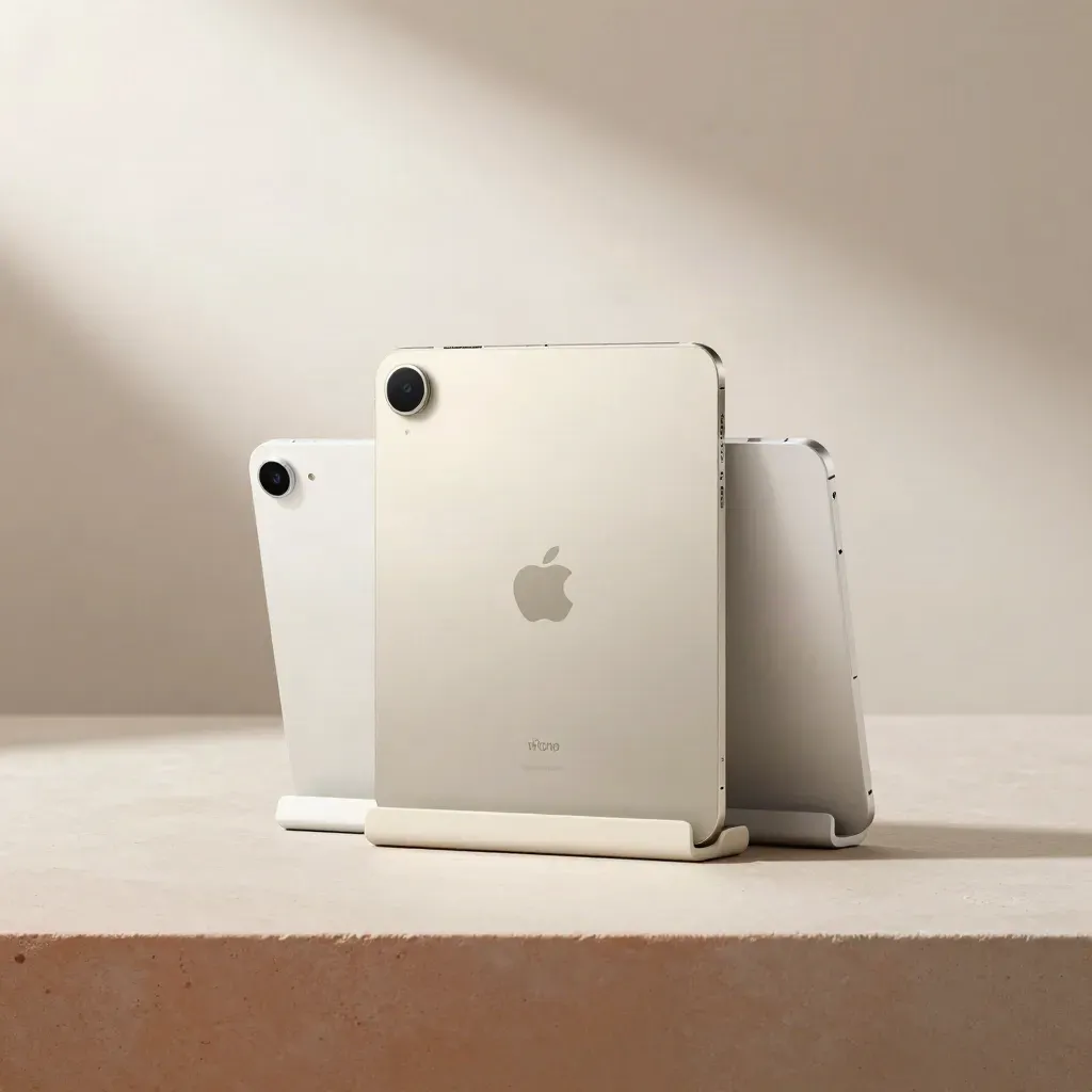 Starter tablet, three modular accessories and a dock on pale concrete, softly lit and symmetrical.