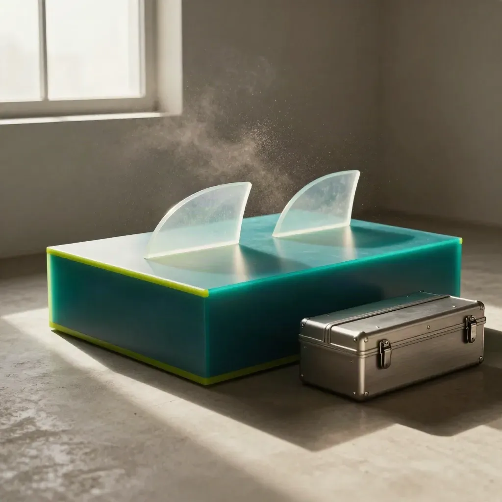 Teal dashboard monolith with chart fins and a tool case in dramatic light.
