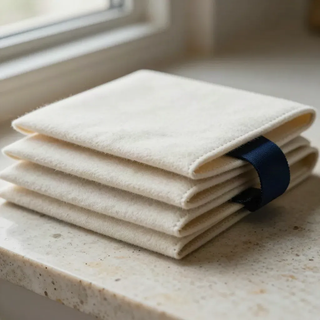 Three matte dashboard slabs in a pale felt sleeve on travertine, lit softly from above.