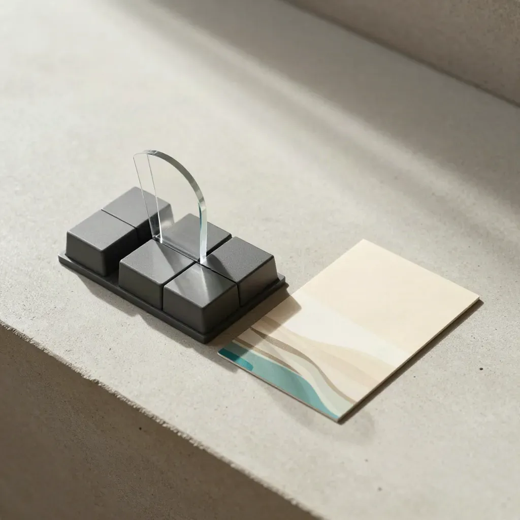 Overhead flatlay of a compact alert module, three blocks and a curved acrylic piece on concrete.