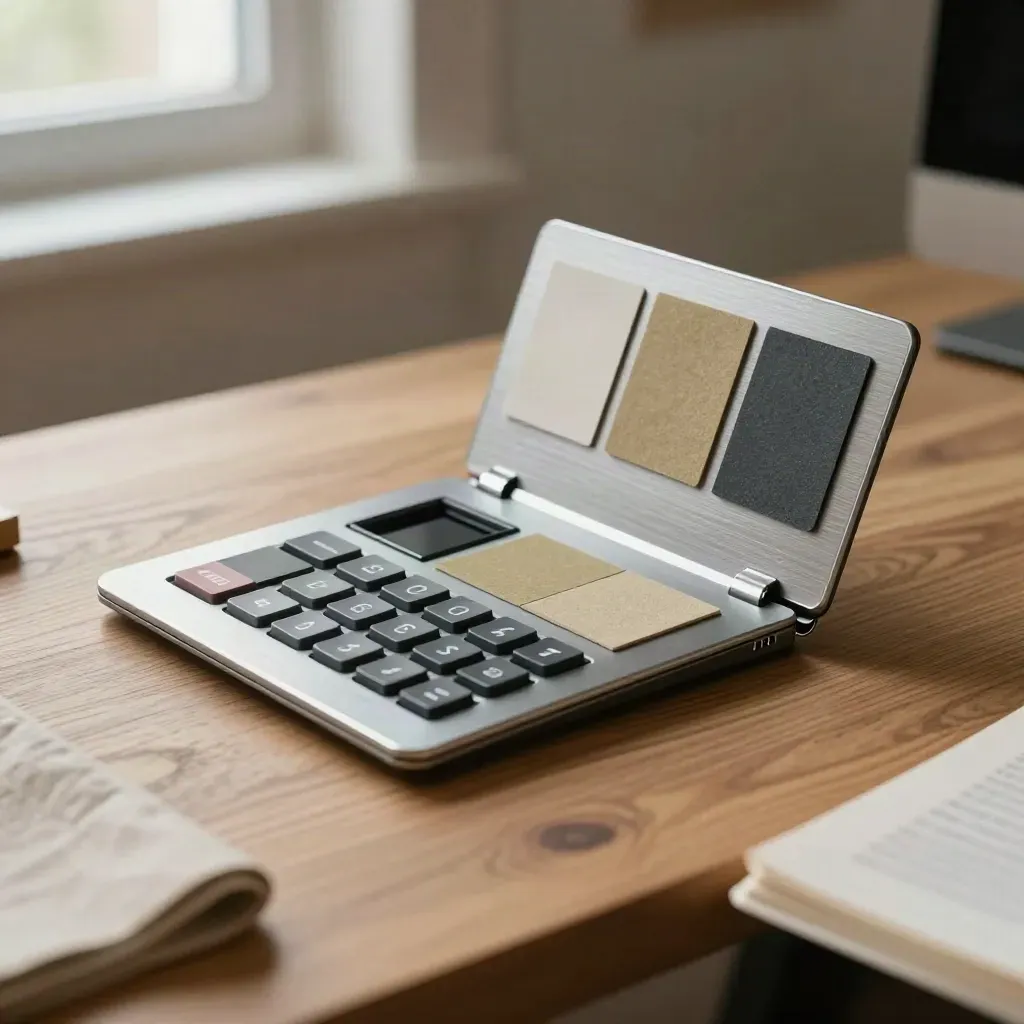 Half-open brushed-metal review deck with swatches on warm wood, softly lit, premium product scene.