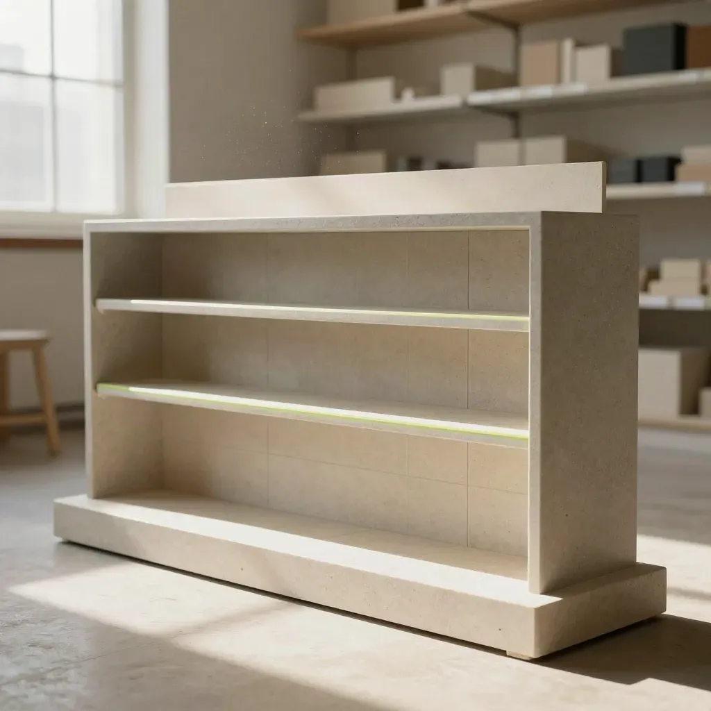 Low-angle shelf-planning console with blank tiles and spacer bars on pale stone