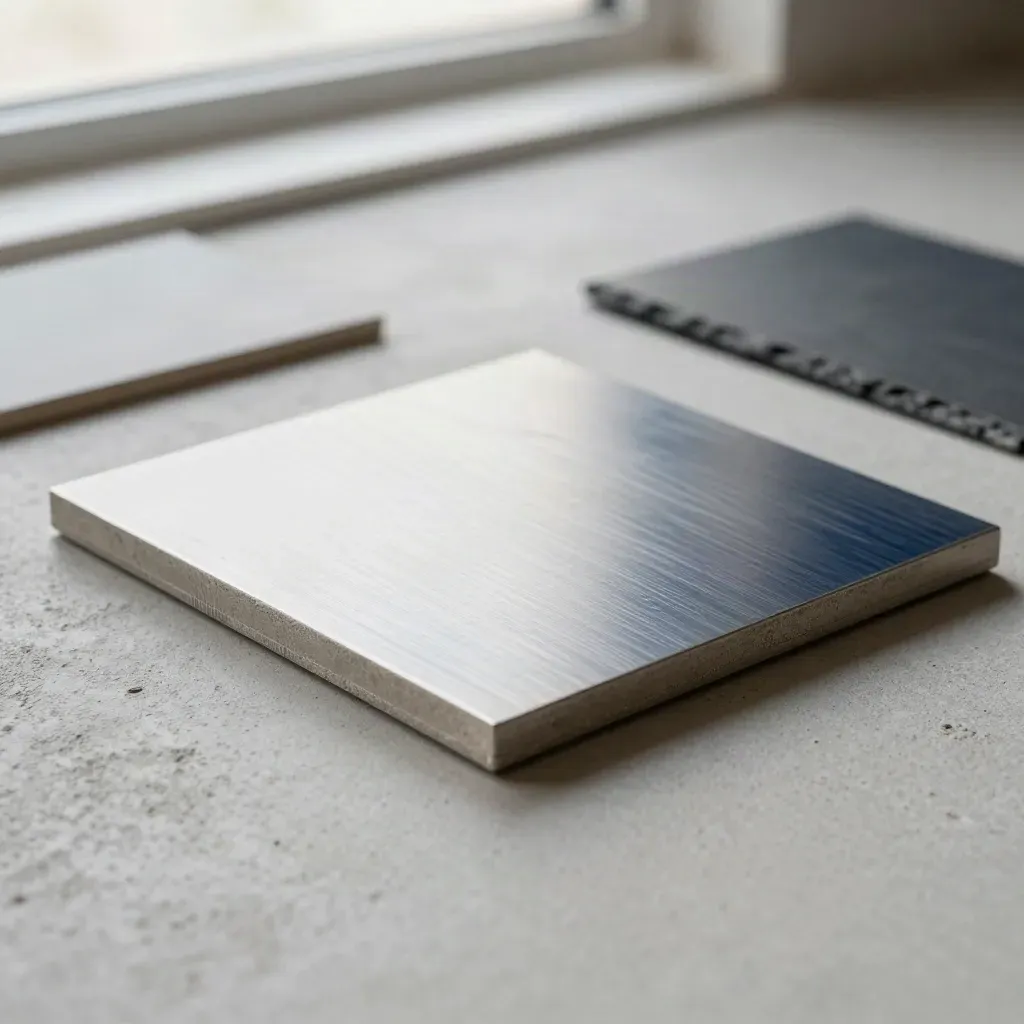 Brushed aluminium inventory tile with a single ring on concrete, shot close and low.