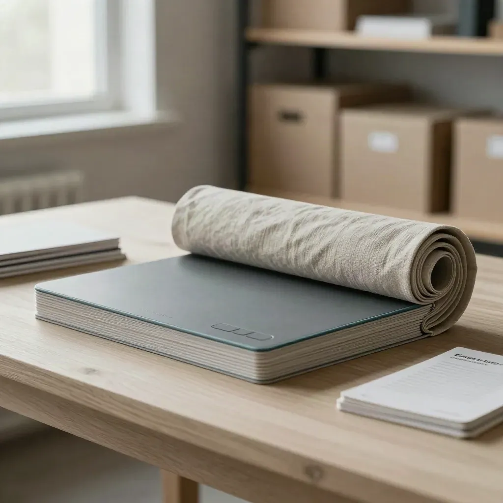 Inventory planning kit with linen wrap and dashboard core on pale wood, softly lit