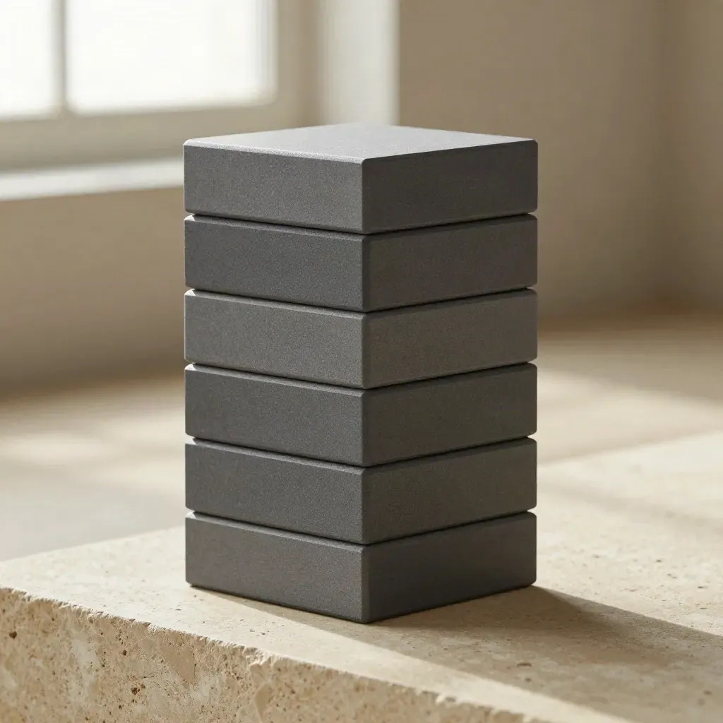 Five matte stock modules stacked on a sand stone plinth in soft overhead light.