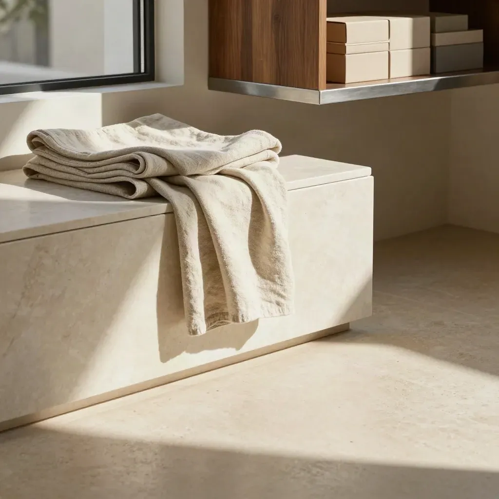 Sunlit retail corner with marble plinths, folded textile, and calm copy space