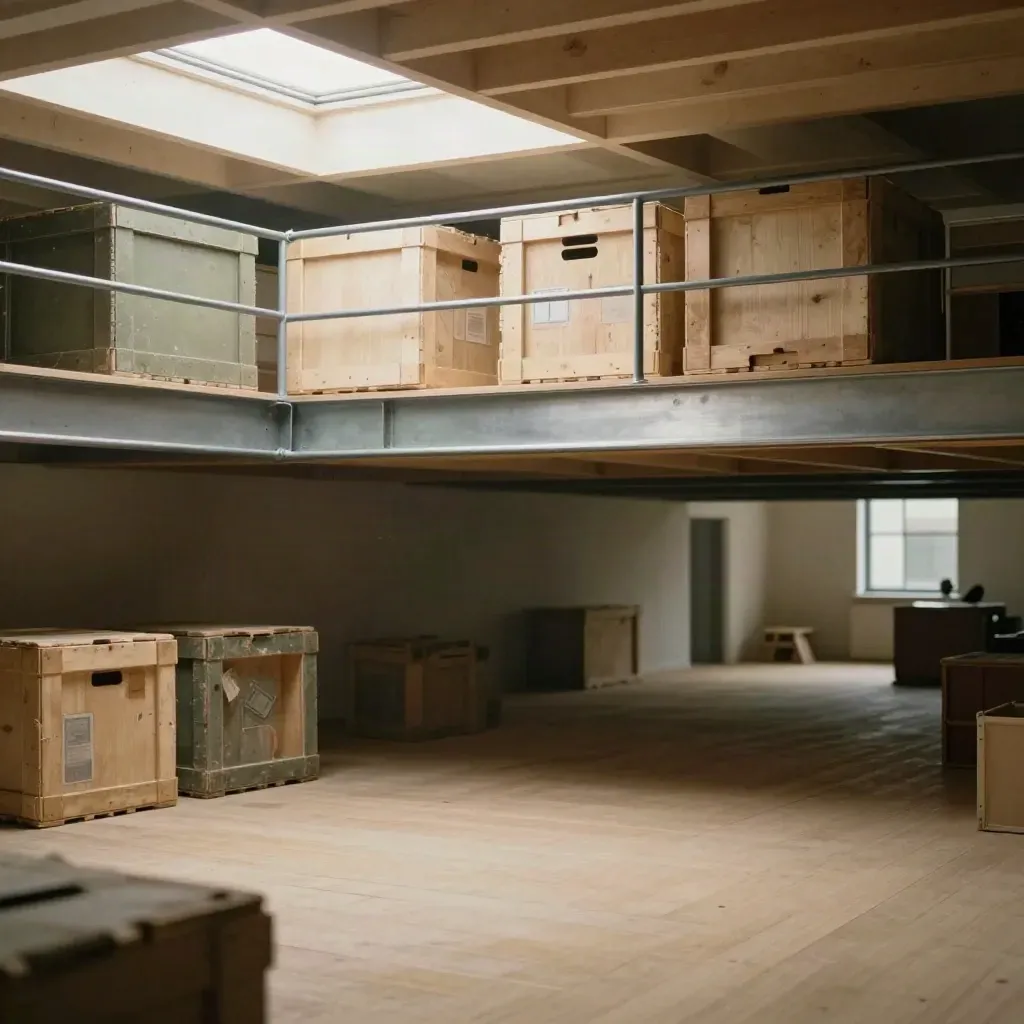 Warm timber mezzanine with stacked crates, steel rail, skylight haze, and calm floor space for copy.