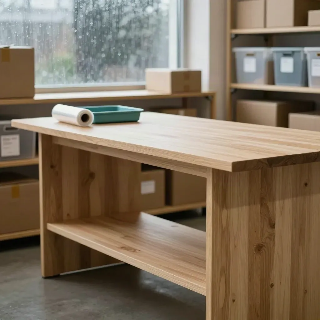 Pale oak packing table with cartons, shelving and rain-lit warehouse windows in a calm interior.