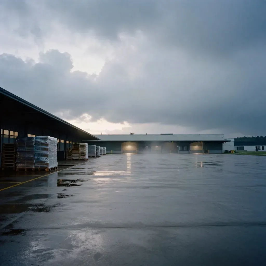 Wet warehouse loading court at blue hour with mist, puddles and a distant roofline.