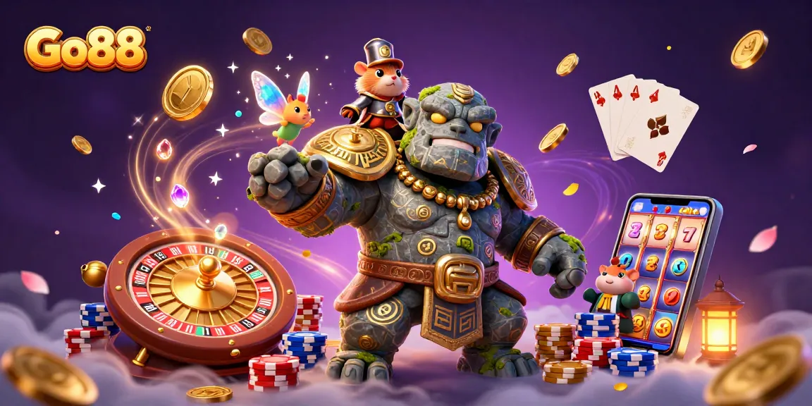 Experience thrilling wins at Go88 with an exciting scene of magical characters and casino elements.