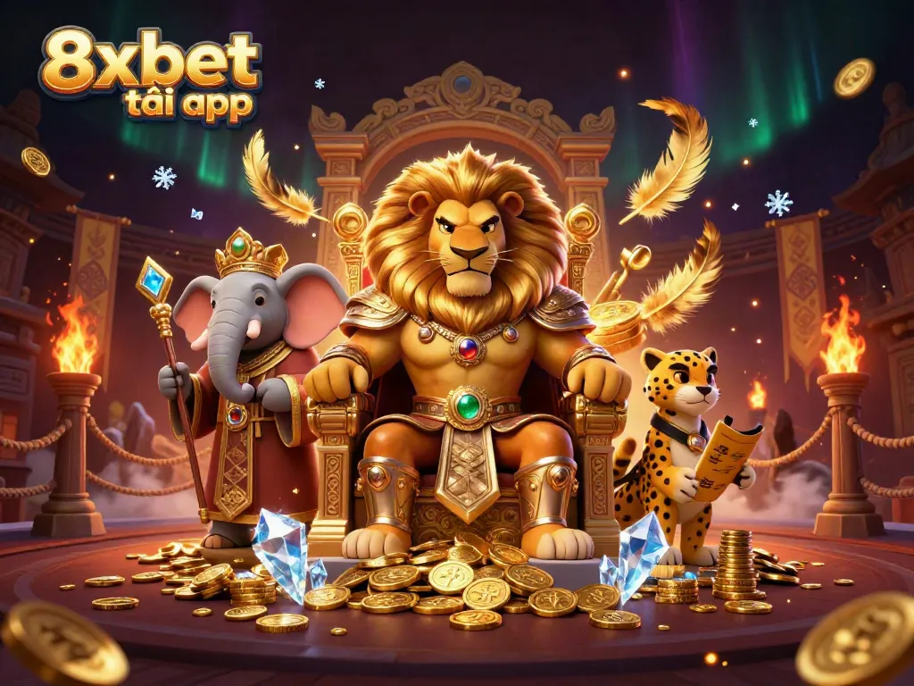 Play and win with 8xbet tải app featuring a royal lion king in a dynamic casino setting.