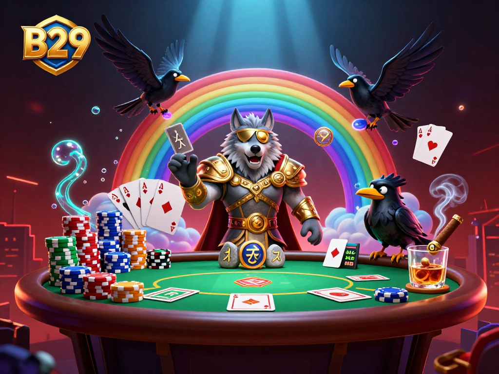 B29 players enjoying the excitement of poker with mythical themes and vibrant casino elements.