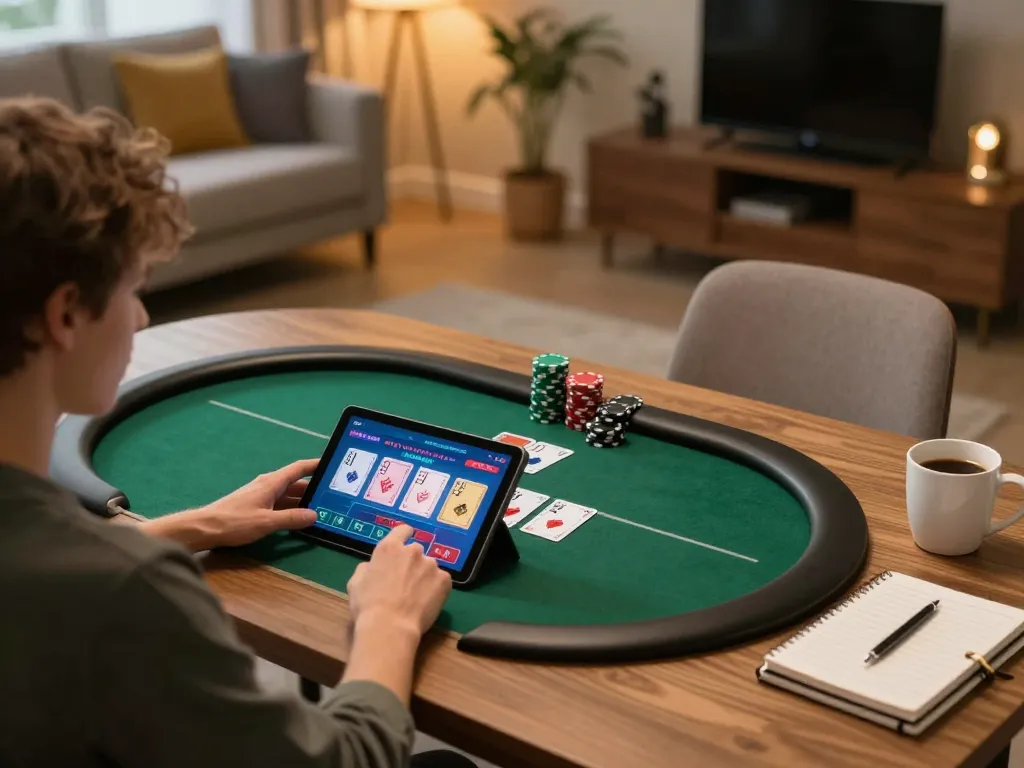 Engaged user in cozy home setting playing poker at nhà cái HM88 on a tablet, showcasing strategic gaming.