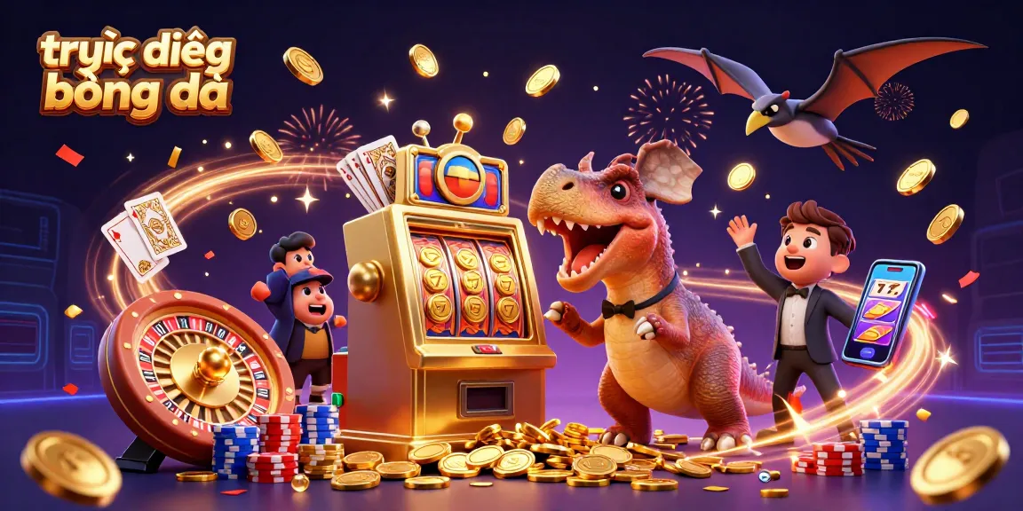 Experience trực tiếp bóng đá excitement as a pachycephalosaurus interacts with a slot machine amidst cascading coins.