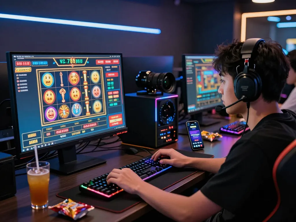 Player captivated by the 789club online gaming experience at a stylish desk, complete with vibrant gaming setup and energy drinks.
