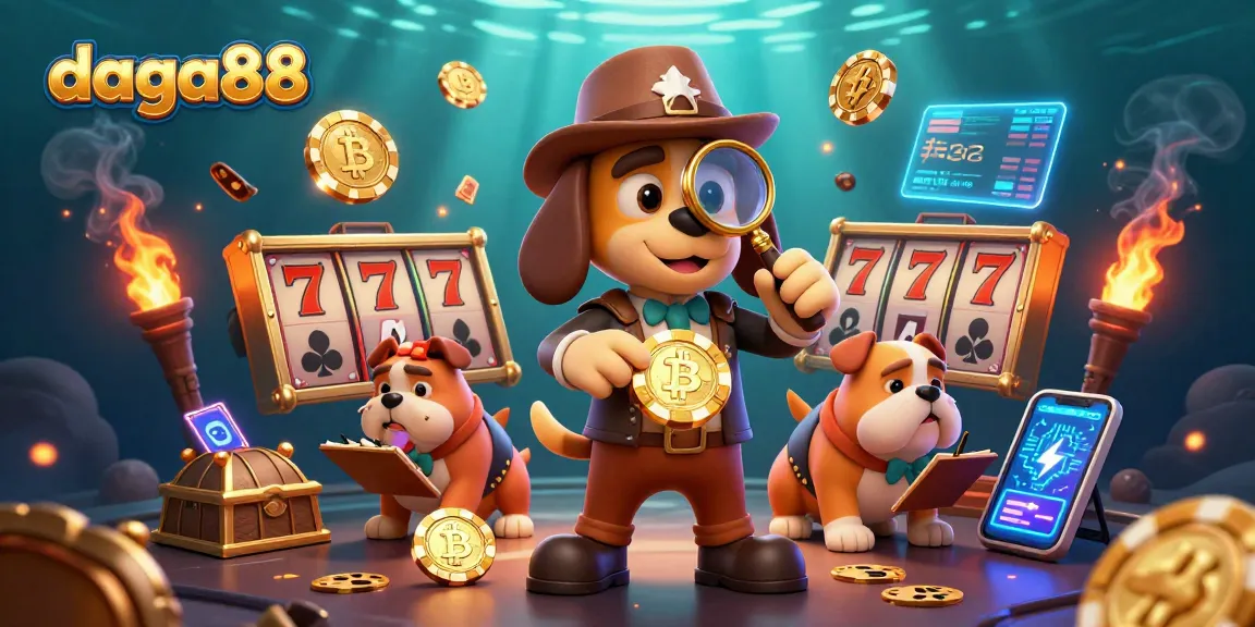 Engage in thrilling gambling at daga88 with cartoon detective examining poker chip clues amidst vibrant slots.