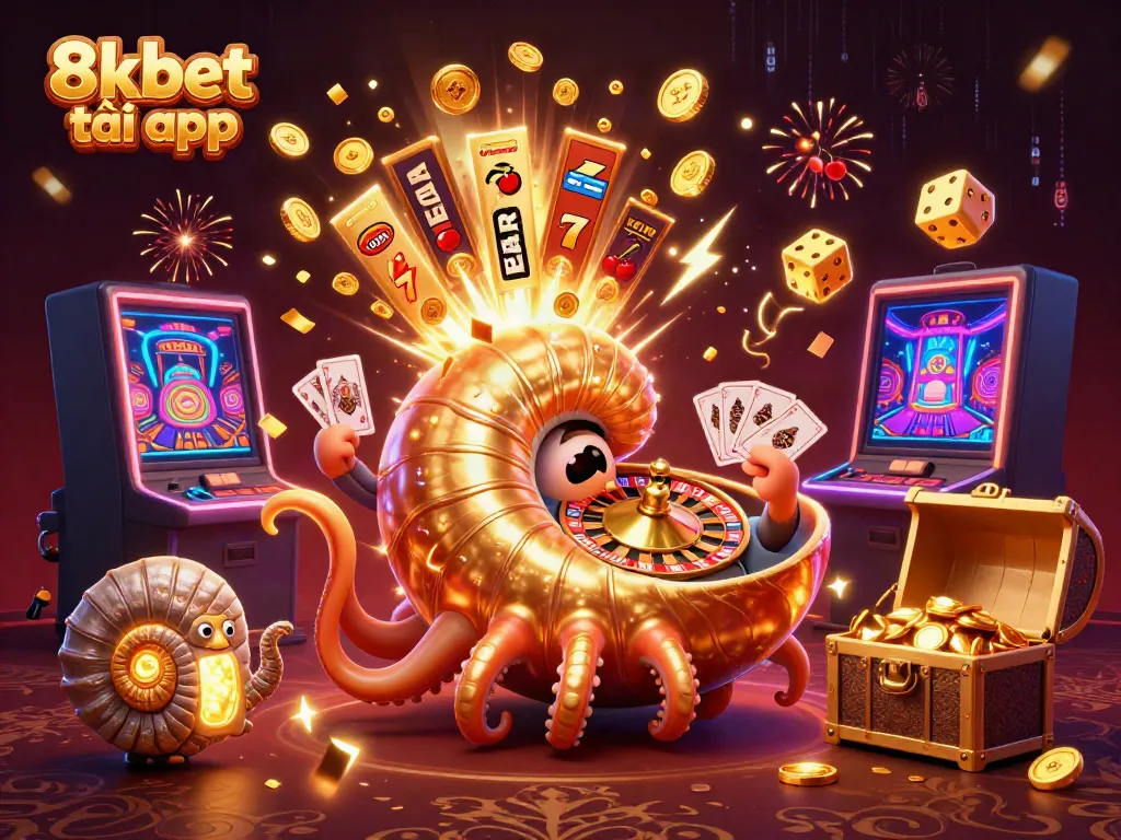 Experience the excitement of 8xbet tải app with a vibrant 3D casino scene featuring a giant nautilus, slot machine, and glowing treasures.