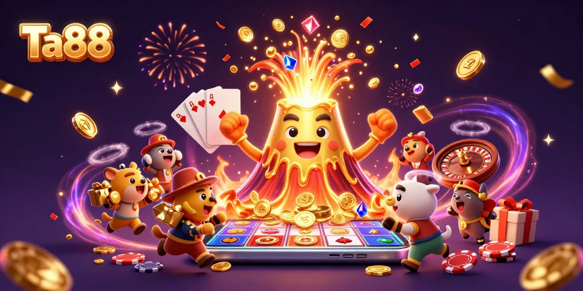 Ta88 celebrates a vibrant casino scene with a golden volcano, coins, and festive elements.