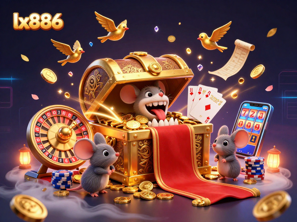 Experience the thrill of lx886 with vibrant gaming scenes filled with treasures and casino elements.