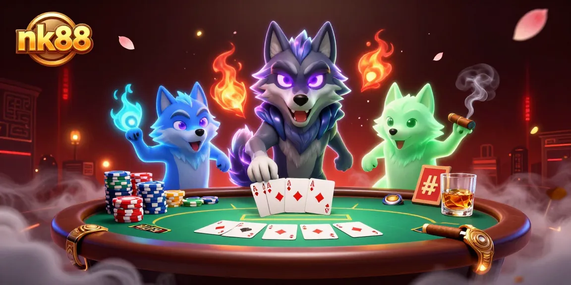 Experience thrilling gameplay with nk88's vibrant casino scene featuring poker and spectral wolves.