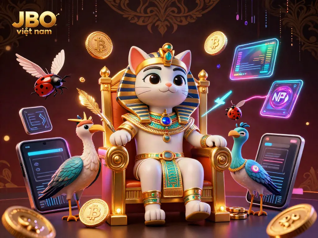 Experience JBO việt nam's vibrant casino action with a dynamic Egyptian-themed 3D illustration showcasing gaming elements.