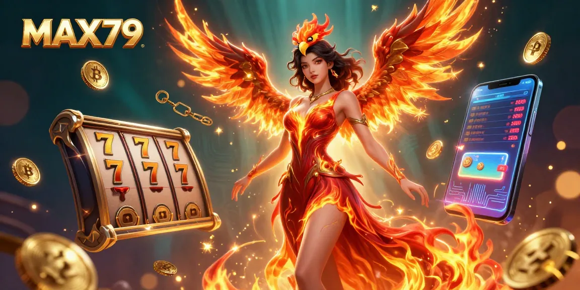Experience thrilling slots action at MAX79 with a fiery illustration of an Asian woman and her phoenix, enriched with crypto elements.