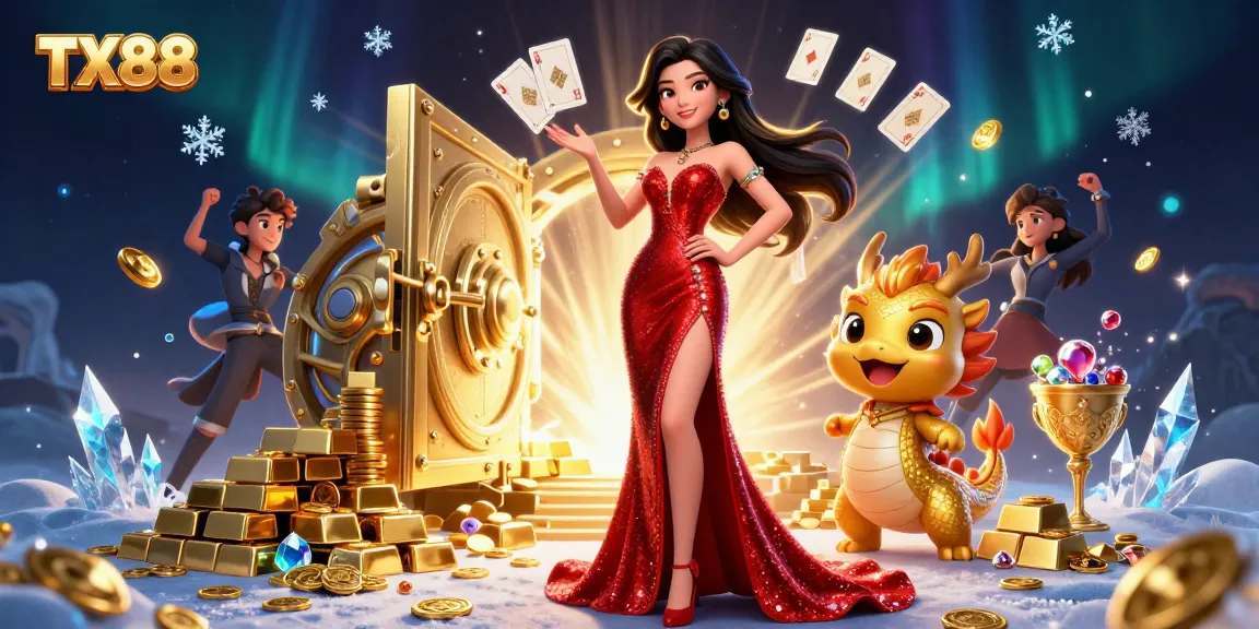 Experience TX88 with a vibrant casino scene featuring a welcoming Asian woman and a golden dragon.