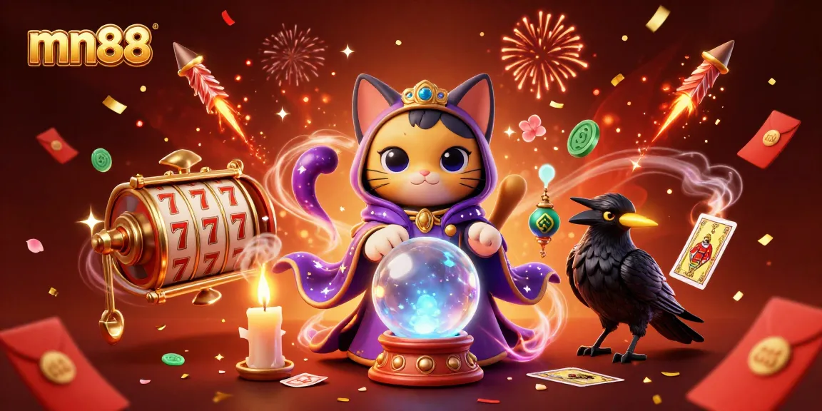 Experience the thrill at mn88 with a vibrant casino scene featuring a mystical cat and a raven.