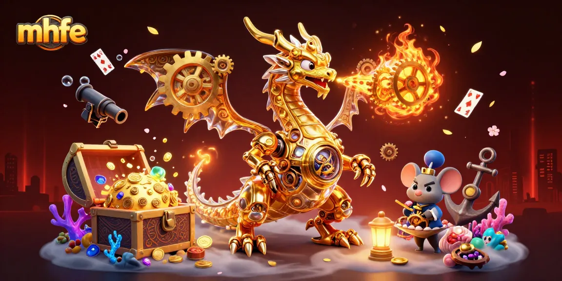 Experience excitement at mhfe with a golden dragon and vibrant casino elements in this dynamic 3D illustration.