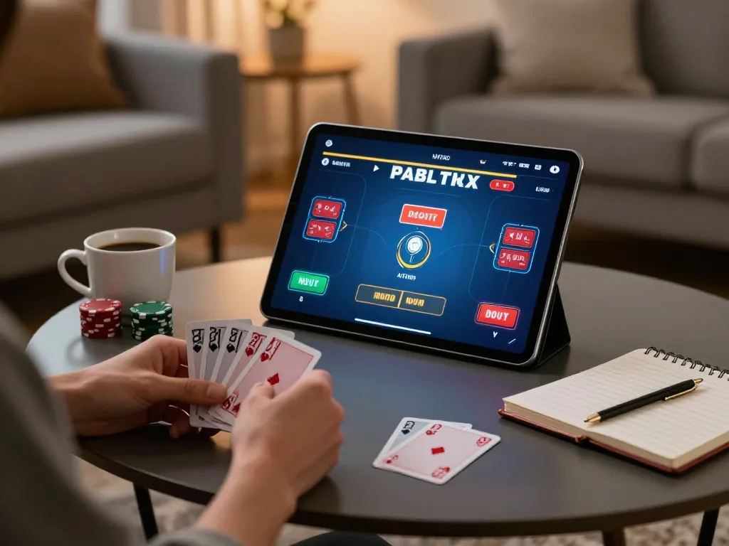 Player engaged in poker on 86bet app, showcasing strategy in a cozy home setup