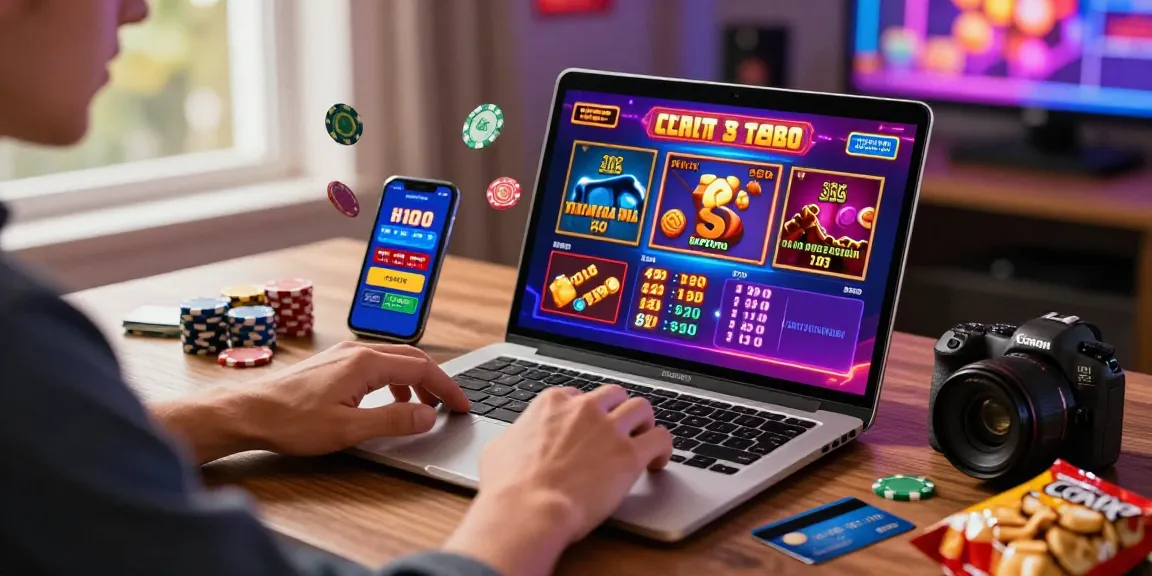 Engaging player in a vibrant setup exploring credit card casinos with laptop, smartphone, and lively gaming elements.