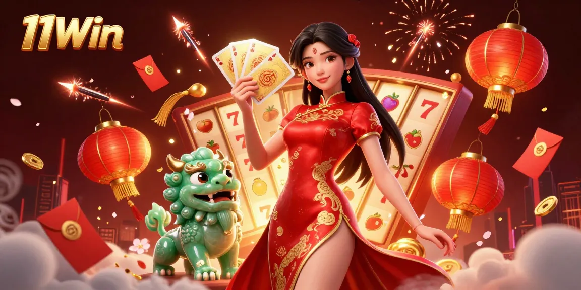 Experience thrilling slots with 11Win in a vibrant casino scene featuring elegant characters.
