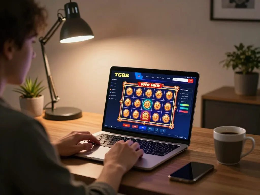 Experience TG88 win with online casino gameplay in a cozy home office setup.