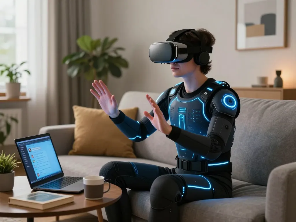 A young adult interacting with a virtual reality sex AI in a cozy apartment, showcasing modern technology in a personal space.