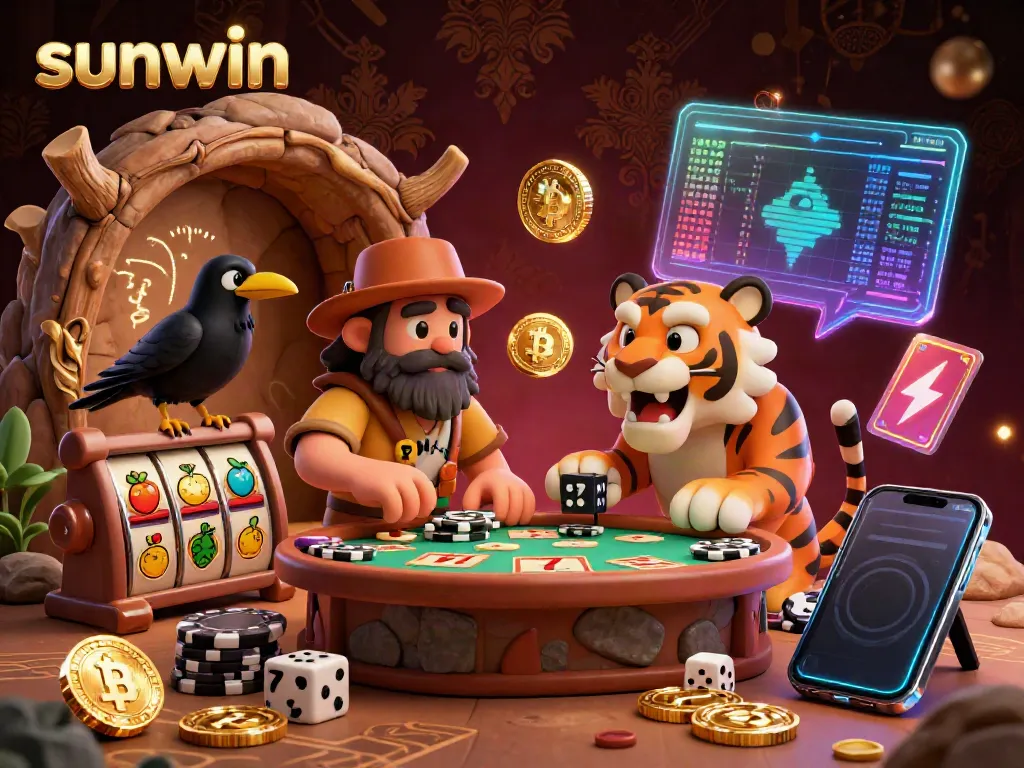 Engage with the vibrant sunwin prehistoric casino featuring animated characters and neon-lit cryptocurrencies.