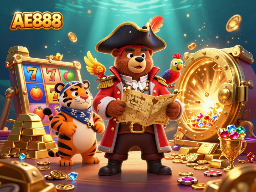 Engage in thrilling slots with AE888's vibrant 3D pirate adventure featuring treasure and casino elements.