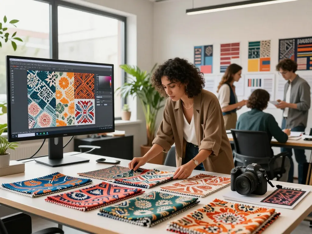 Designer evaluating sunwin textile samples in a vibrant studio filled with creative elements and natural light.