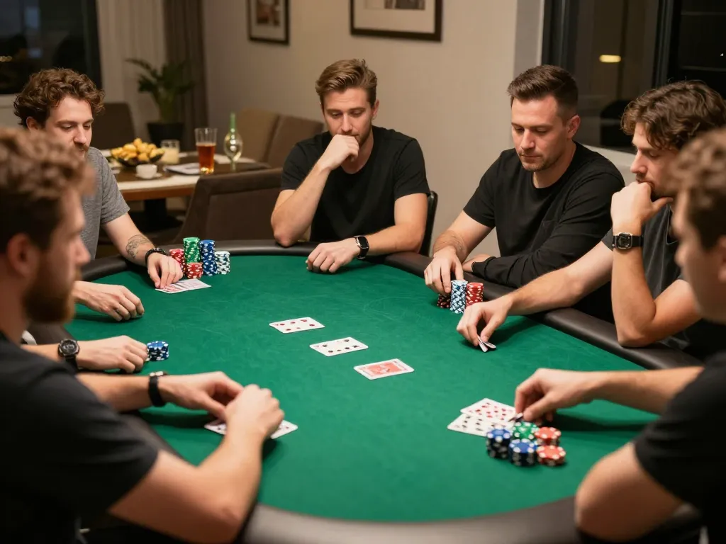 Players enjoying a friendly poker night at home, showcasing strategic gameplay and fun with Hi 88.