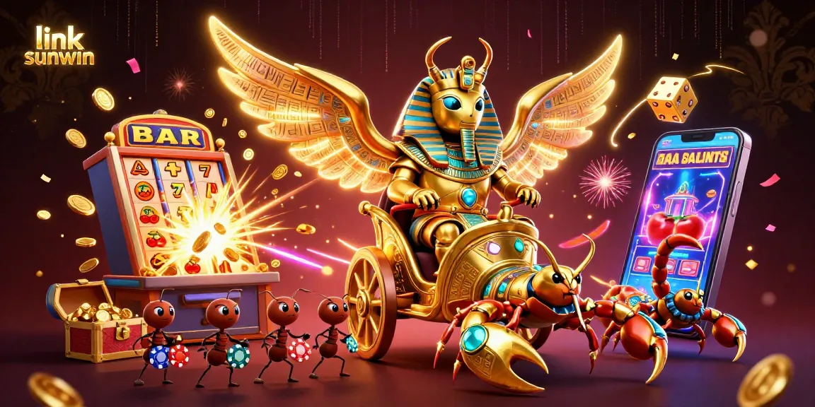 Experience the excitement of link sunwin with a golden scarab beetle in a vibrant casino scene.