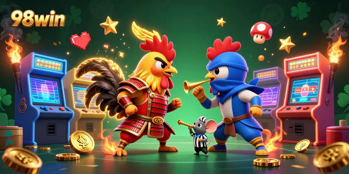 Experience the thrilling 98win rooster battle in a richly detailed casino-themed scene with immersive game elements.