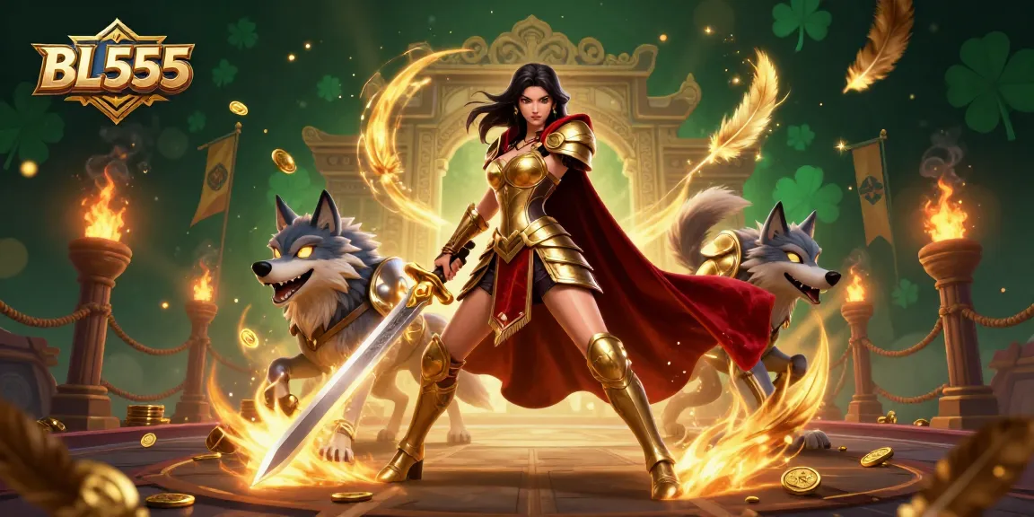 Experience thrilling games at BL555 with a warrior queen and her armored wolf companion in a dynamic casino scene.